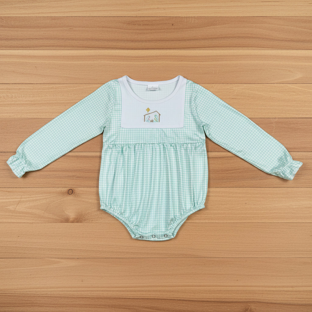 long sleeve gingham nativity girls romper