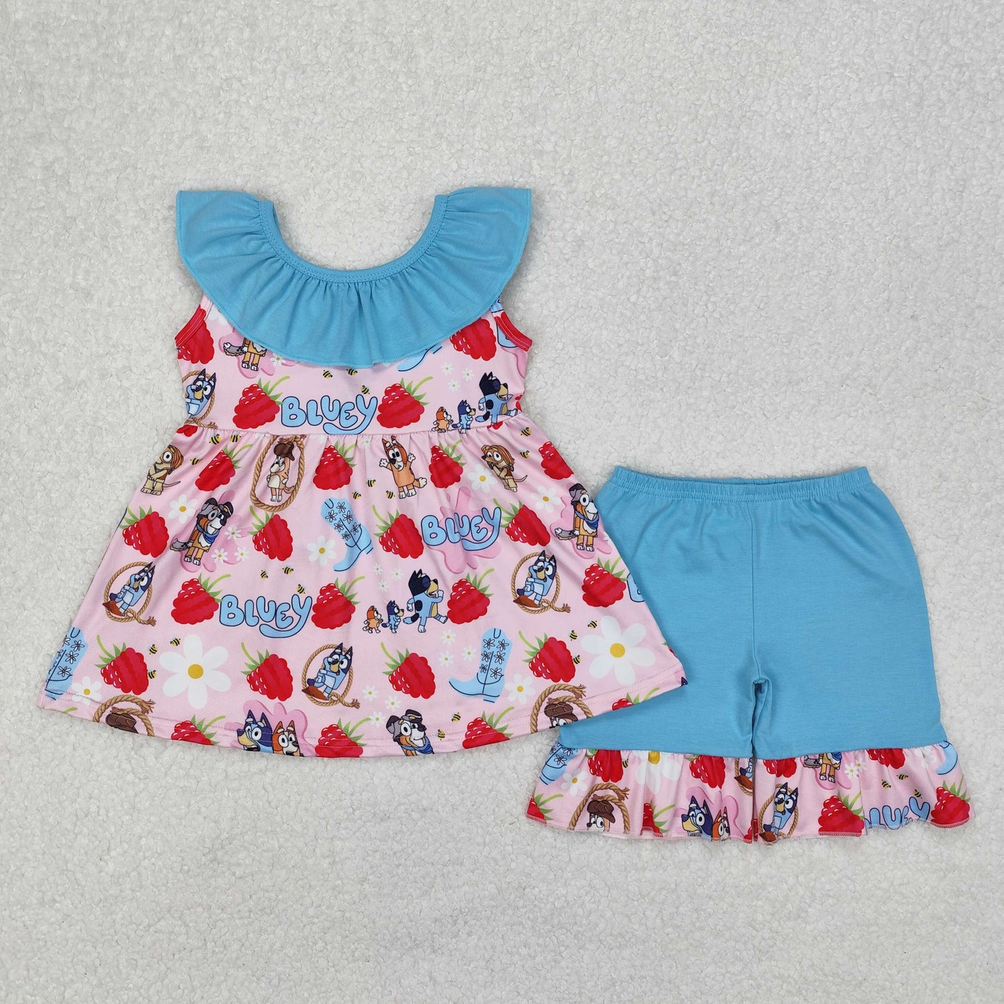 strawberry blu*y print ruffle shorts set girls clothing