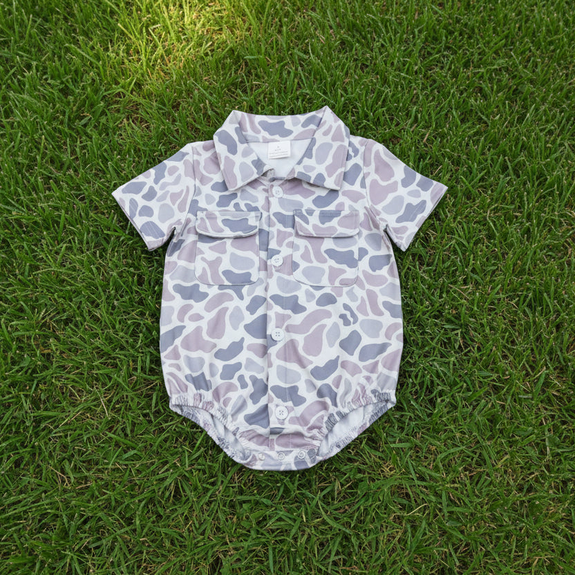 camo button romper with pocket