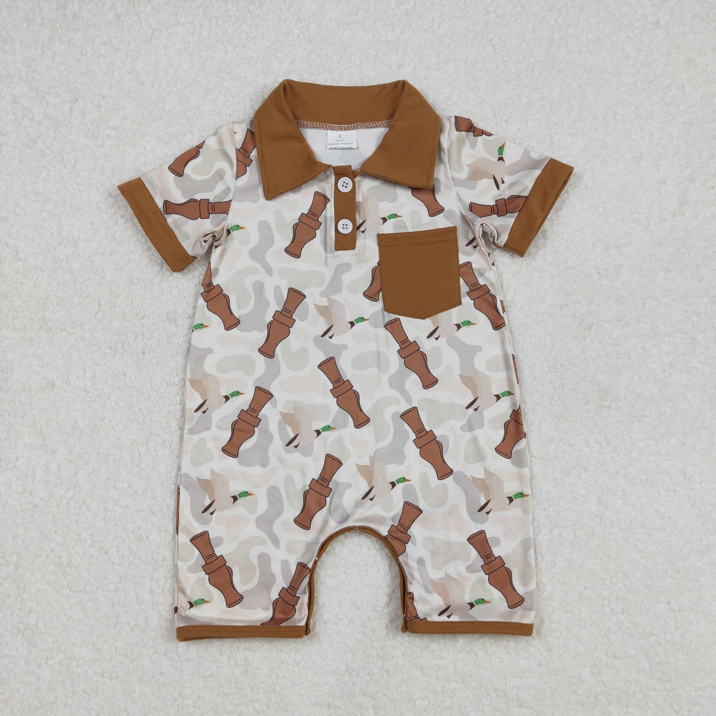 duck call print pocket polo romper