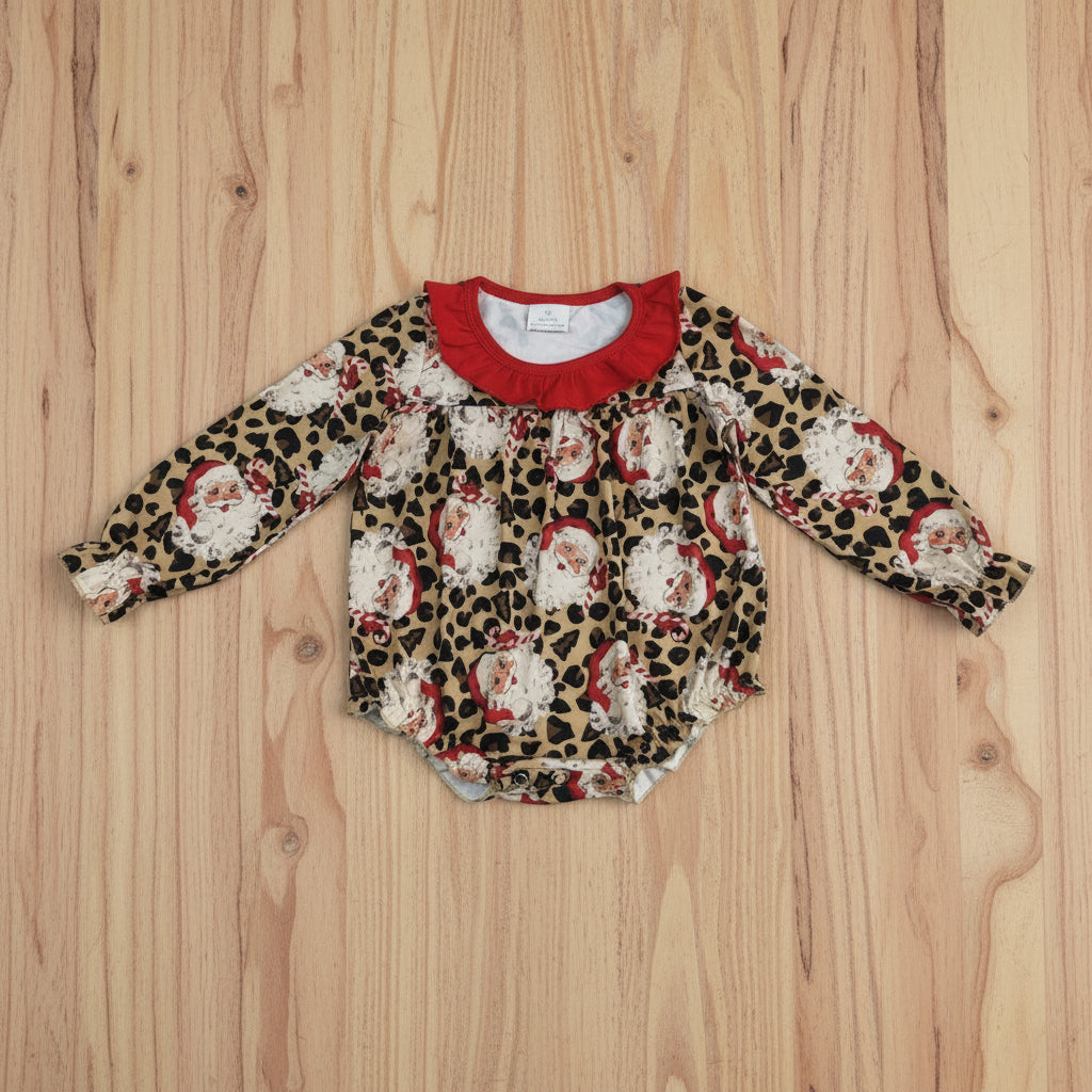 long sleeve leopard santa Christmas baby girl bubble