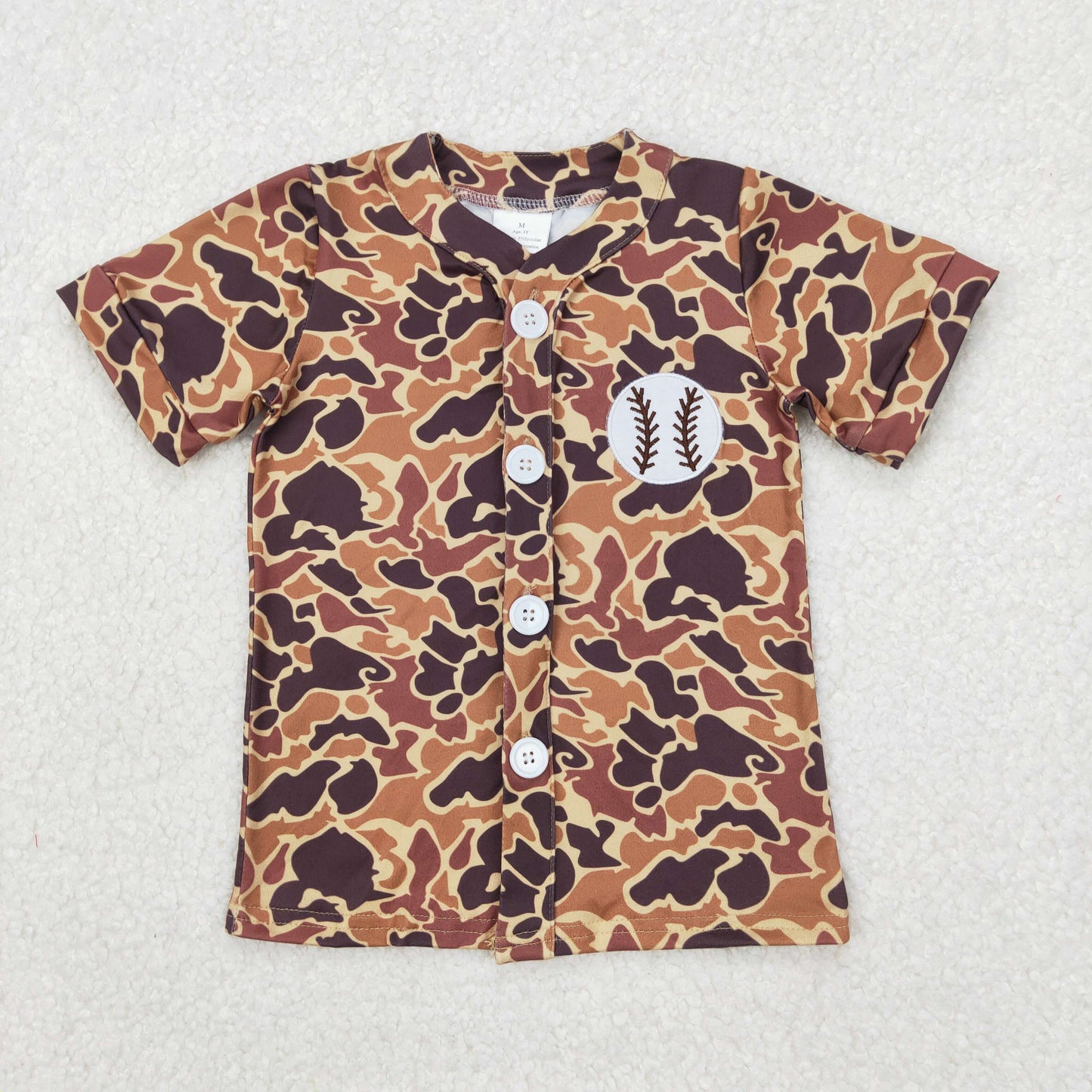 baseball embroidery button camo V neck t shirt boys top