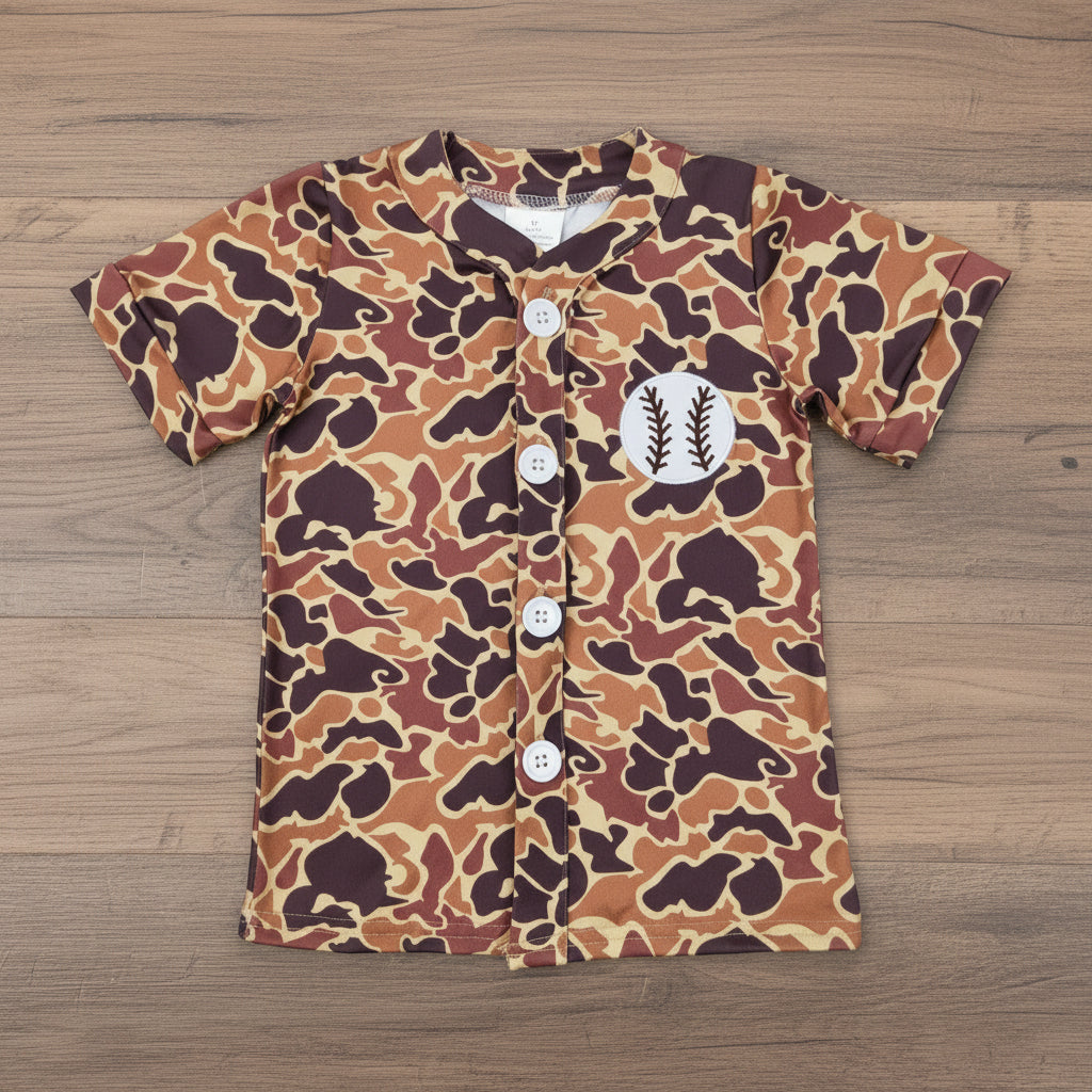 baseball embroidery button camo V neck t shirt boys top