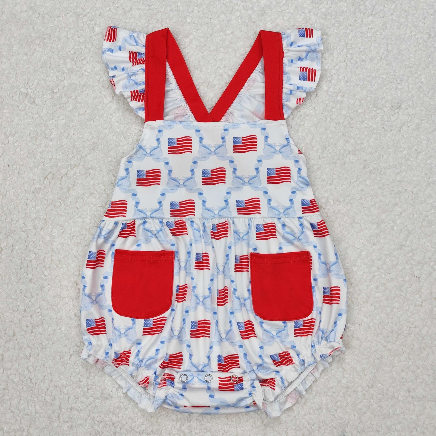 flag bow print cross back pocket bubble 4th of july baby girl clothes