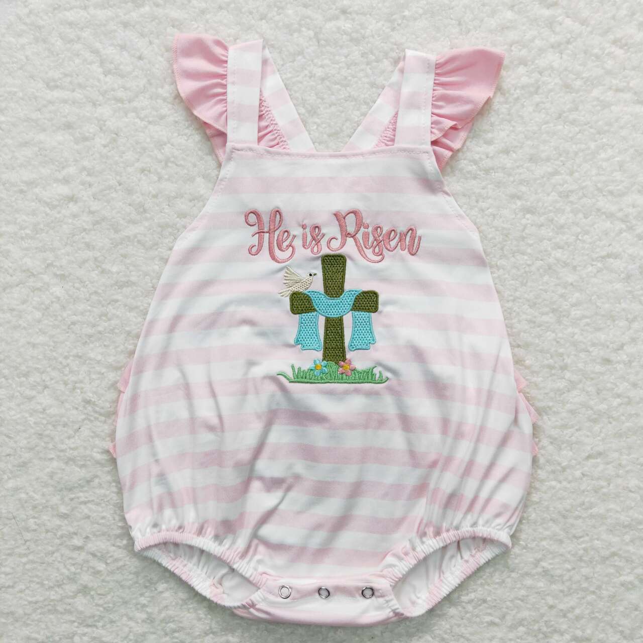 pink he is risen embroidery cross bubble for baby girl