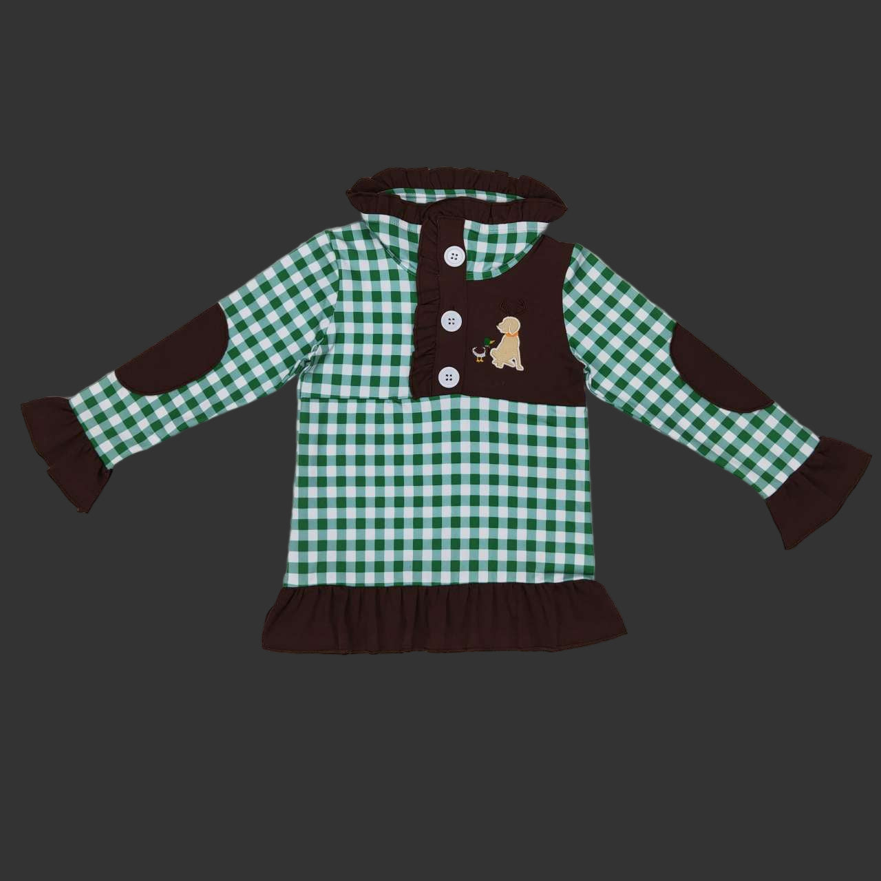 little girl green plaid button up pullover with duck dog embroidery