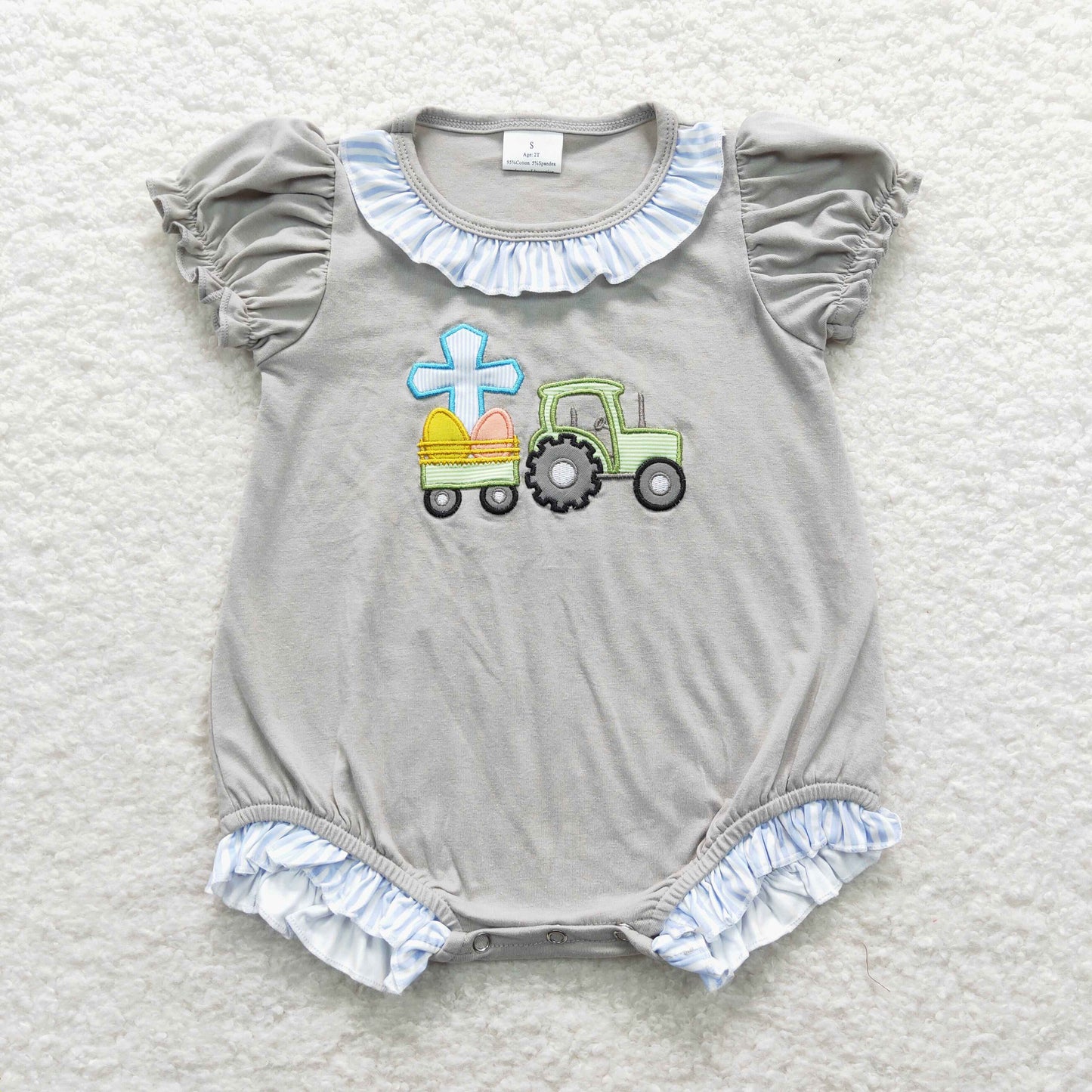 Eggs cross truck grey short sleeves baby girls easter romper