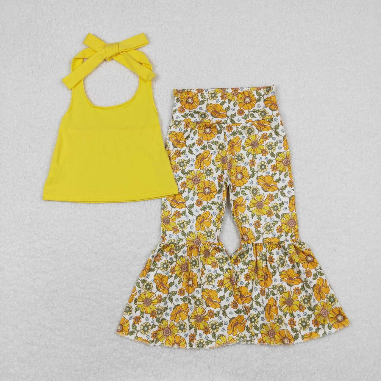 halter top flower bell bottom pants set yellow girl spring clothing