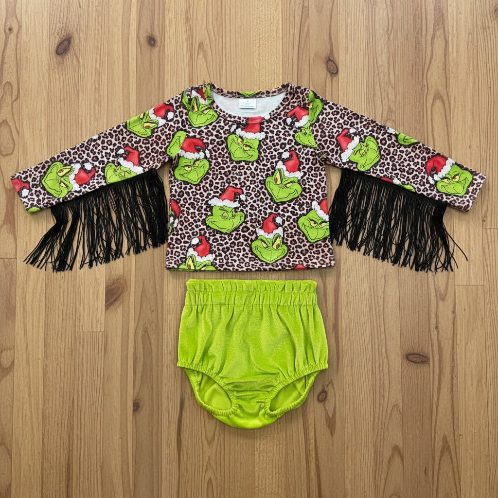 baby girl christmas grinchey green velvet bummie set