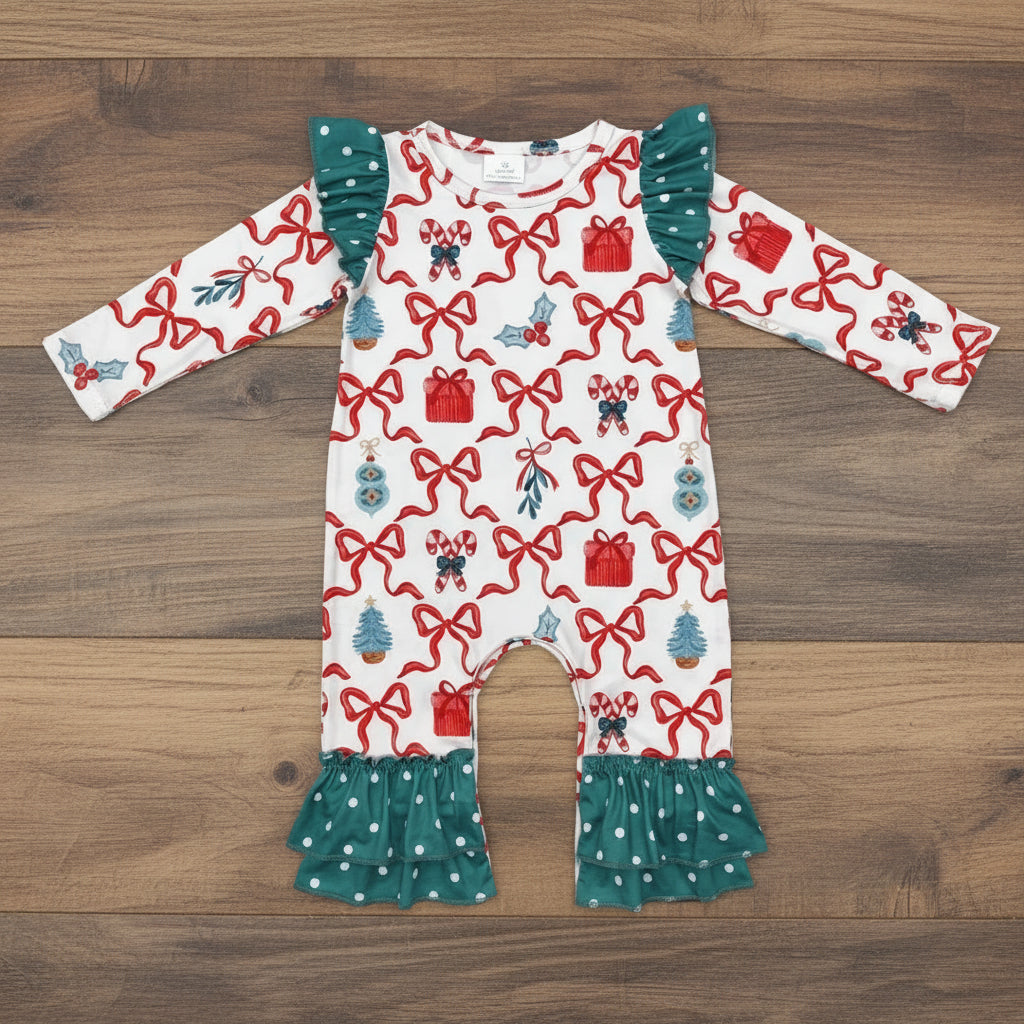 red bow and gift ruffle romper for Christmas