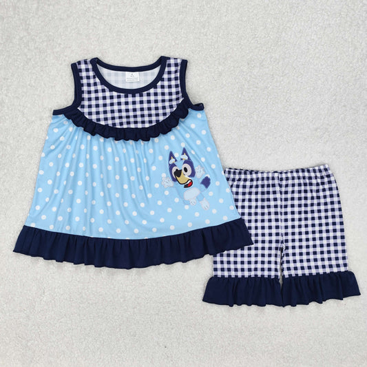 polk dots plaid sleeveless blu*y print girl shorts set