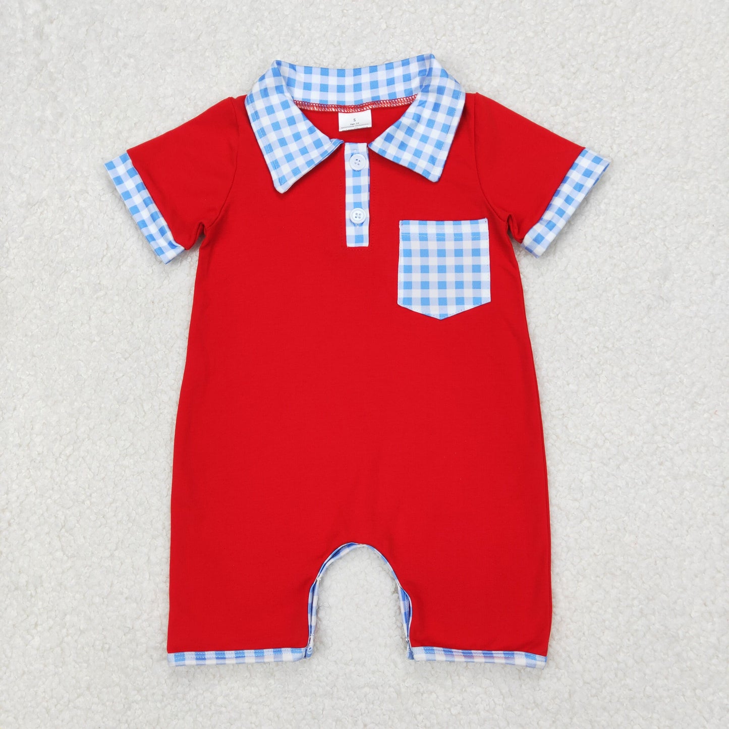 solid red blue plaid pocket polo romper
