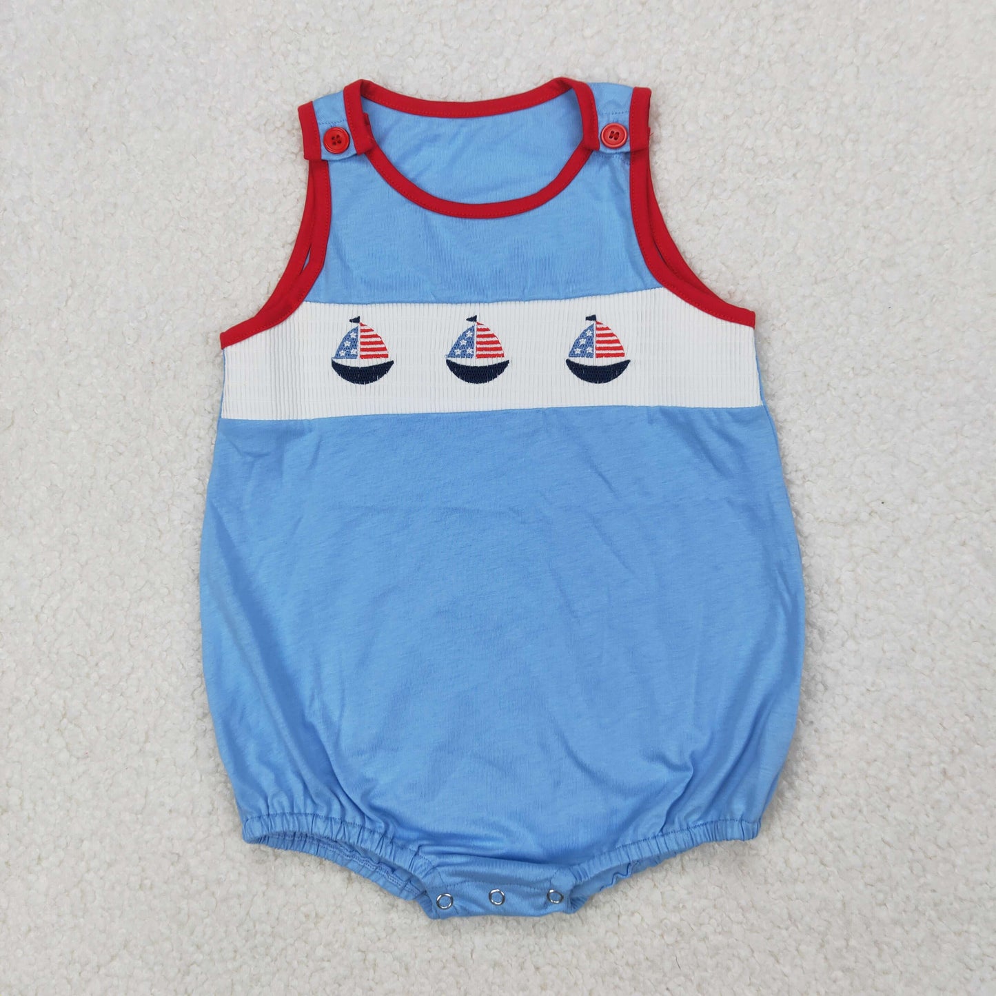 4th of july blue sailboat smocked romper boy