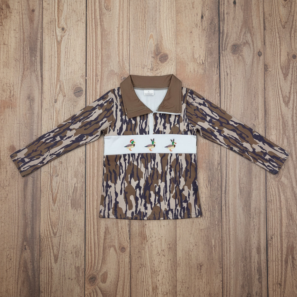 Christmas duck embroidered camo zip pullover shirt