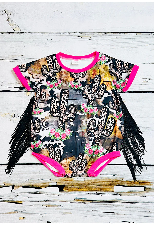 Leopard print cactus w/pink roses & black fringe baby romper