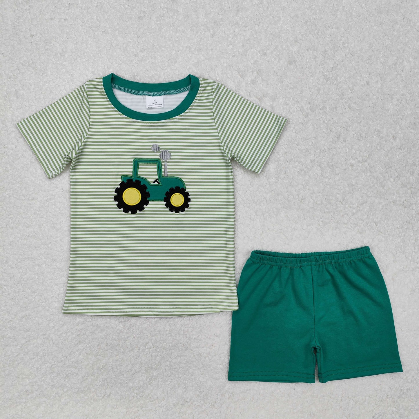 baby boy clothes green tractor embroidery shorts set