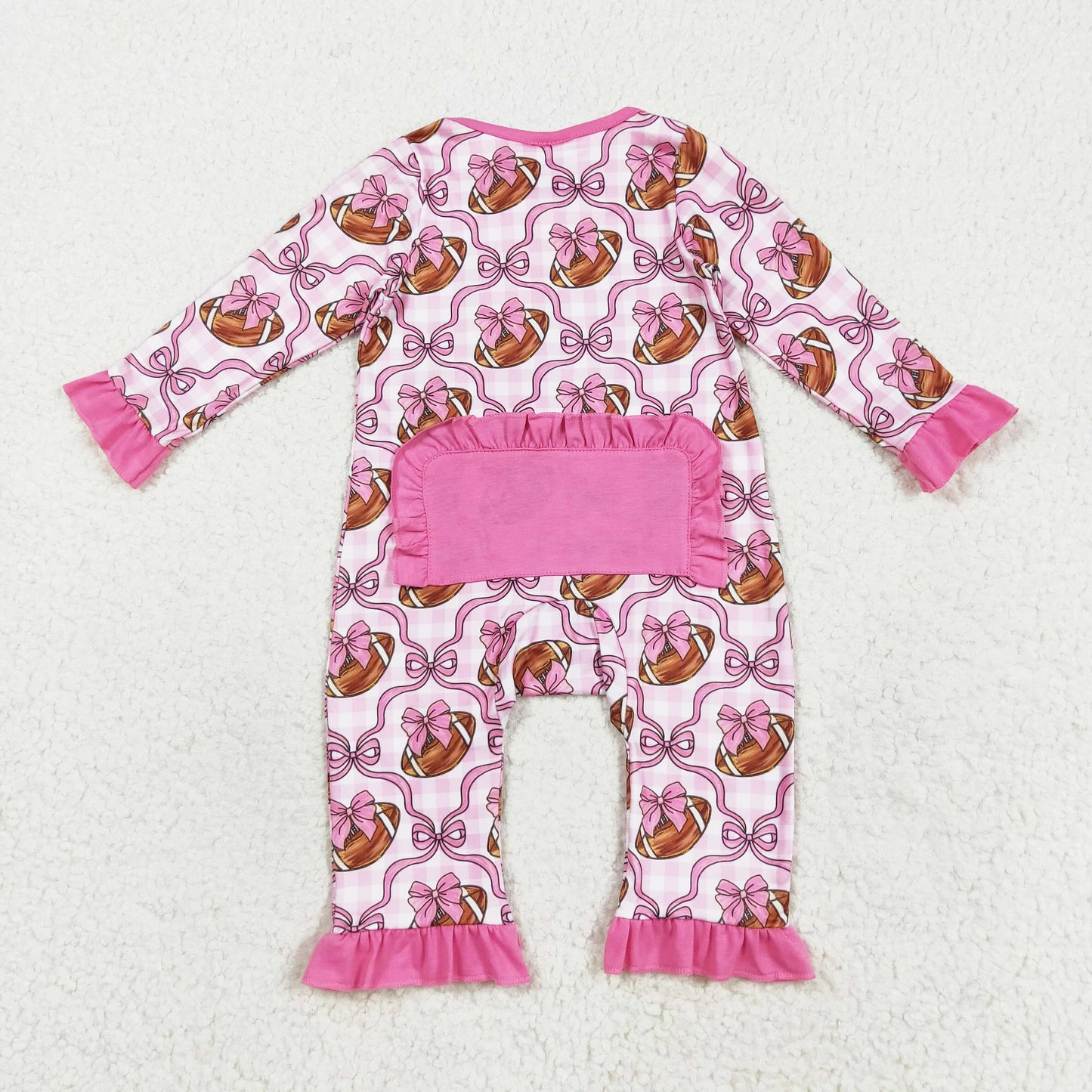 pink bow football print ruffle zip sleeper baby clothes