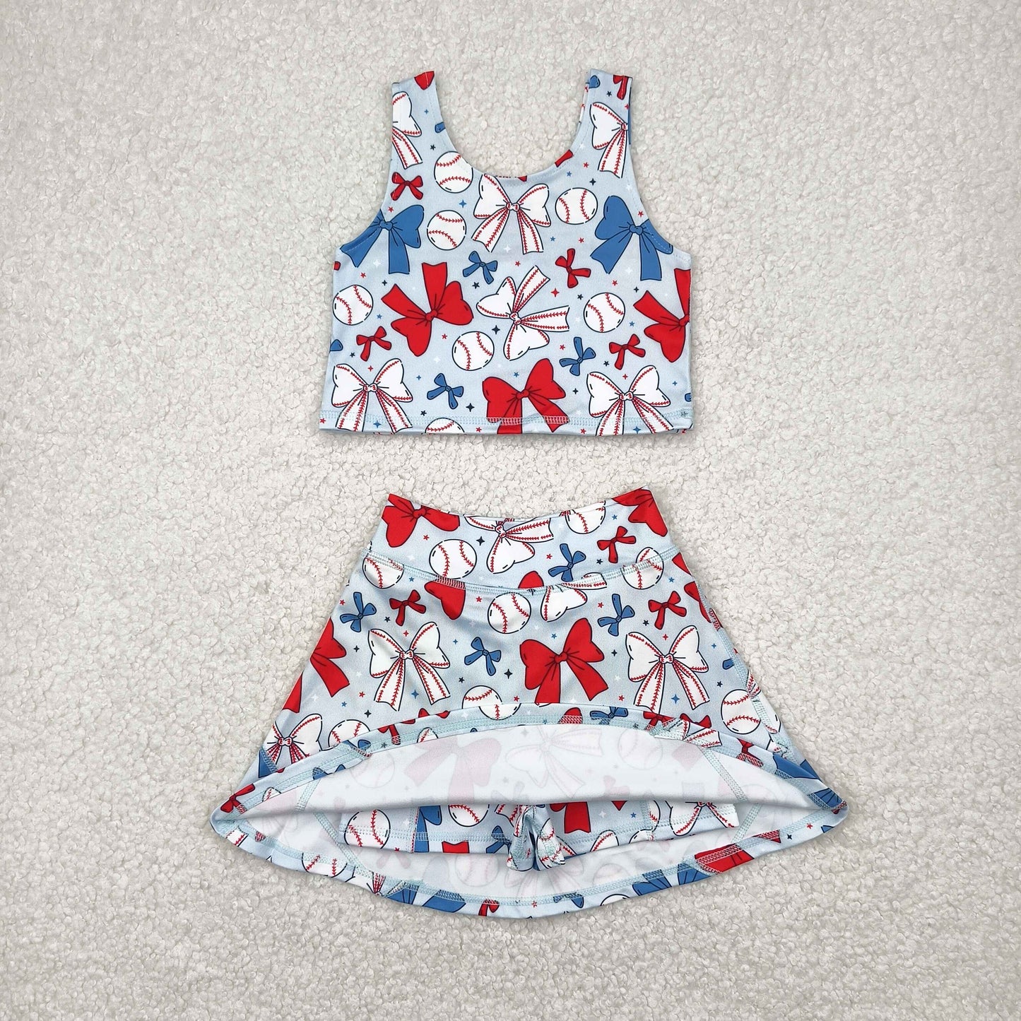 red white blue bow baseball two pieces athletic skort dress set
