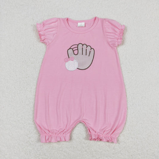 cotton pink baseball embroidery baby girl rompers