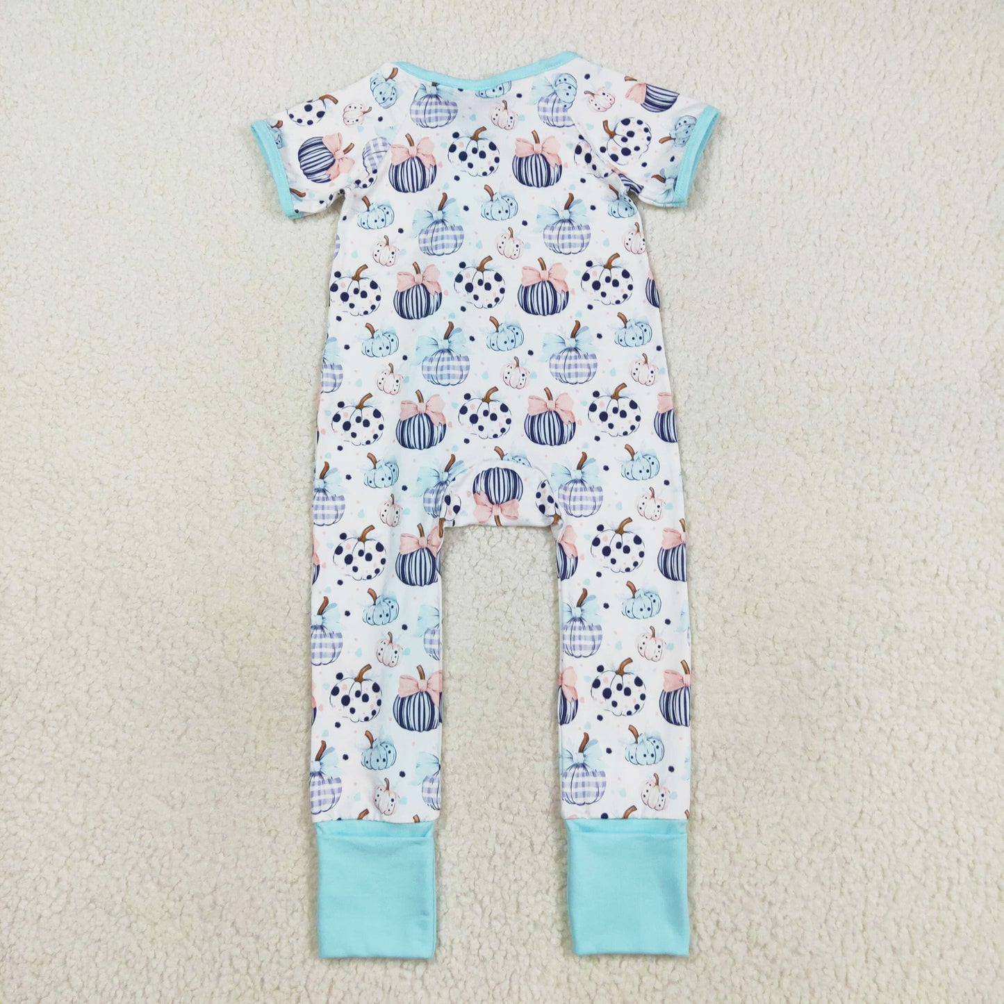 blue short sleeve stripes dots pumpkin girl zip sleeper