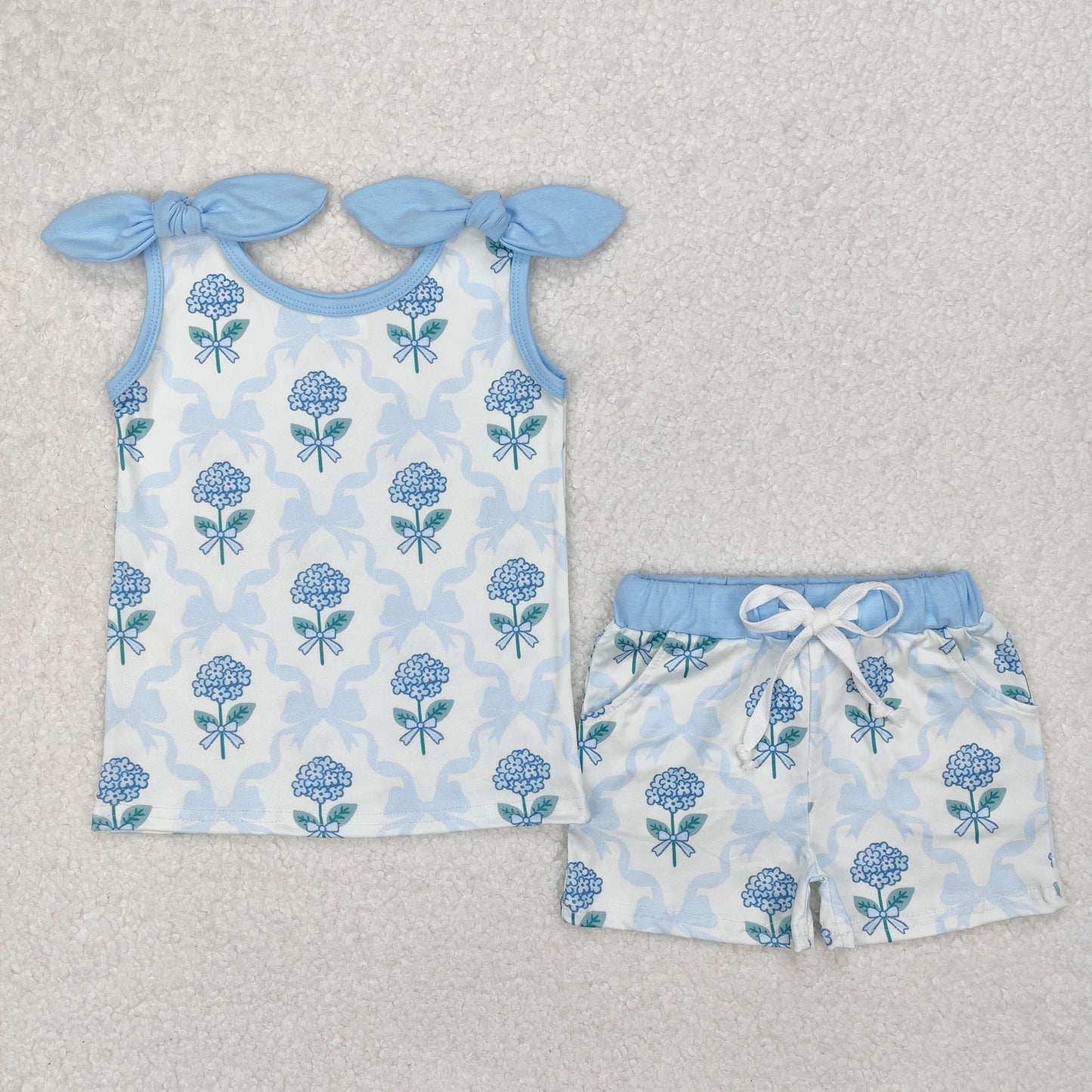 blue bow hydrangea print tank shorts set