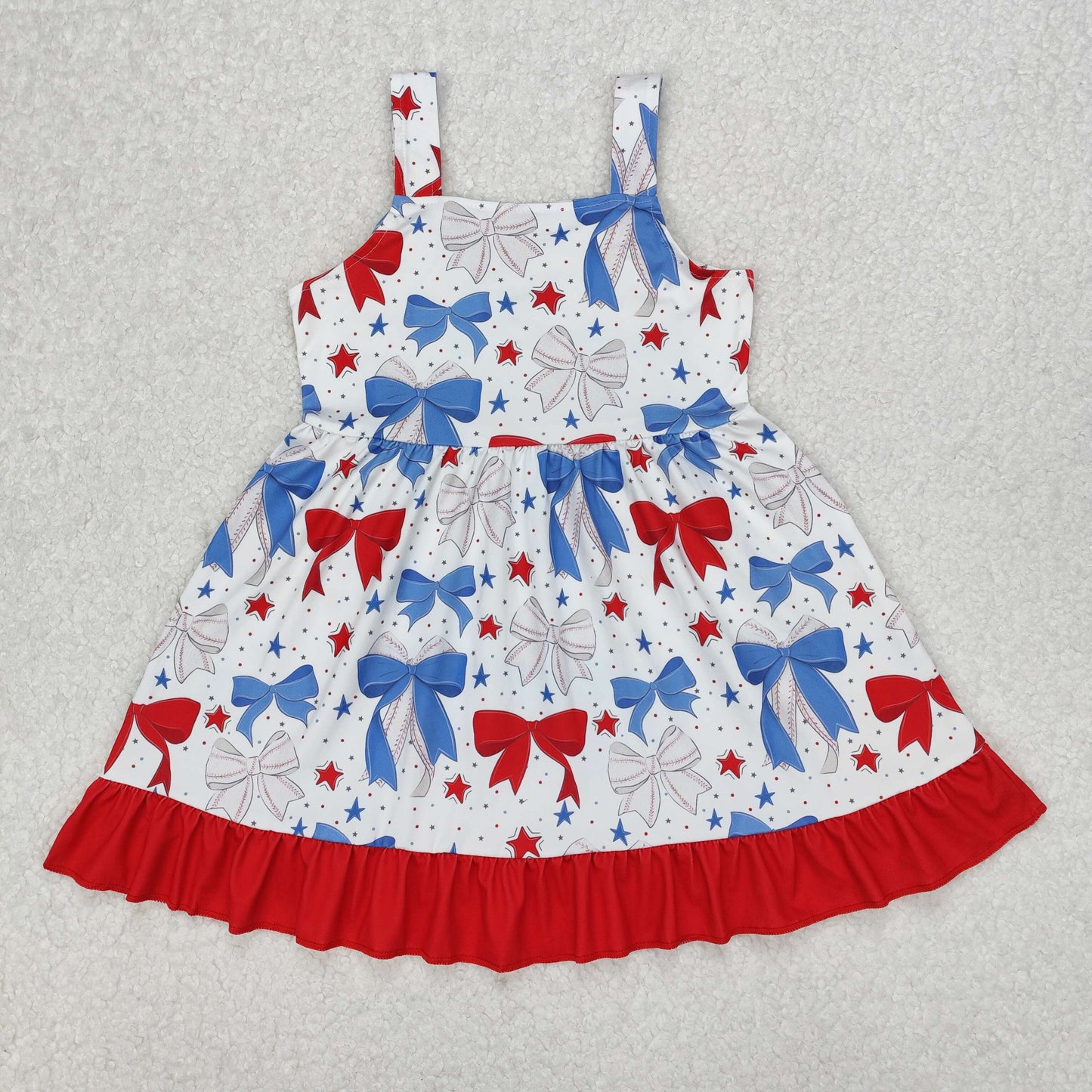 red white blue bow coquette print strap dress 4th of july kids dresses