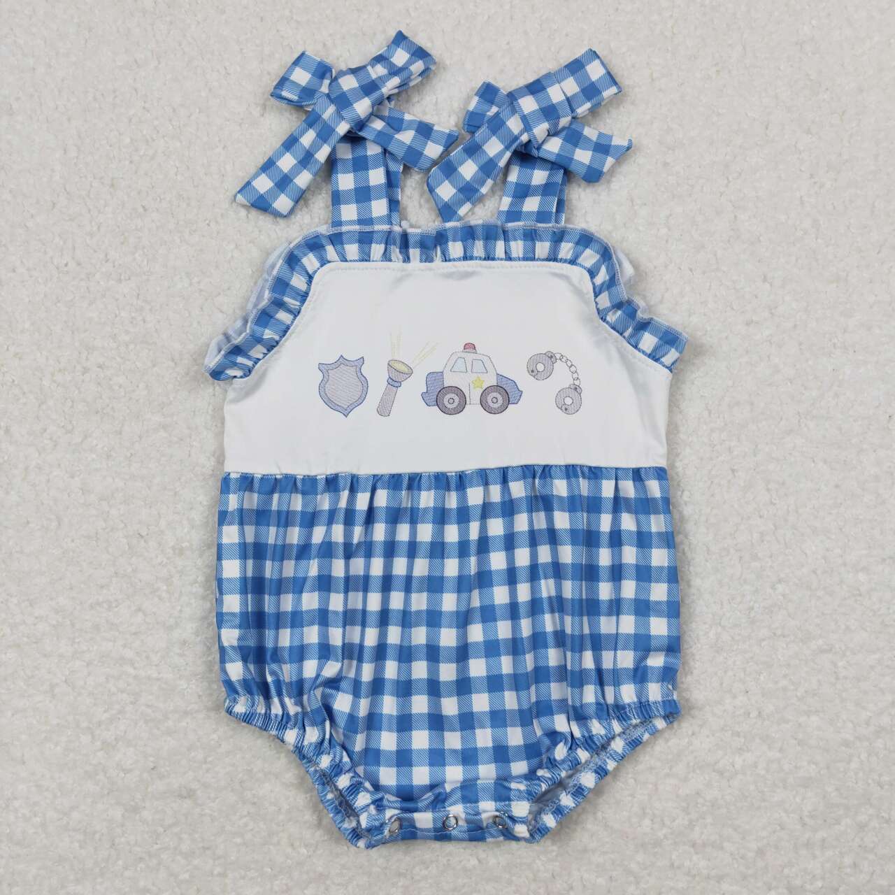 strap blue plaid police bubble baby clothes