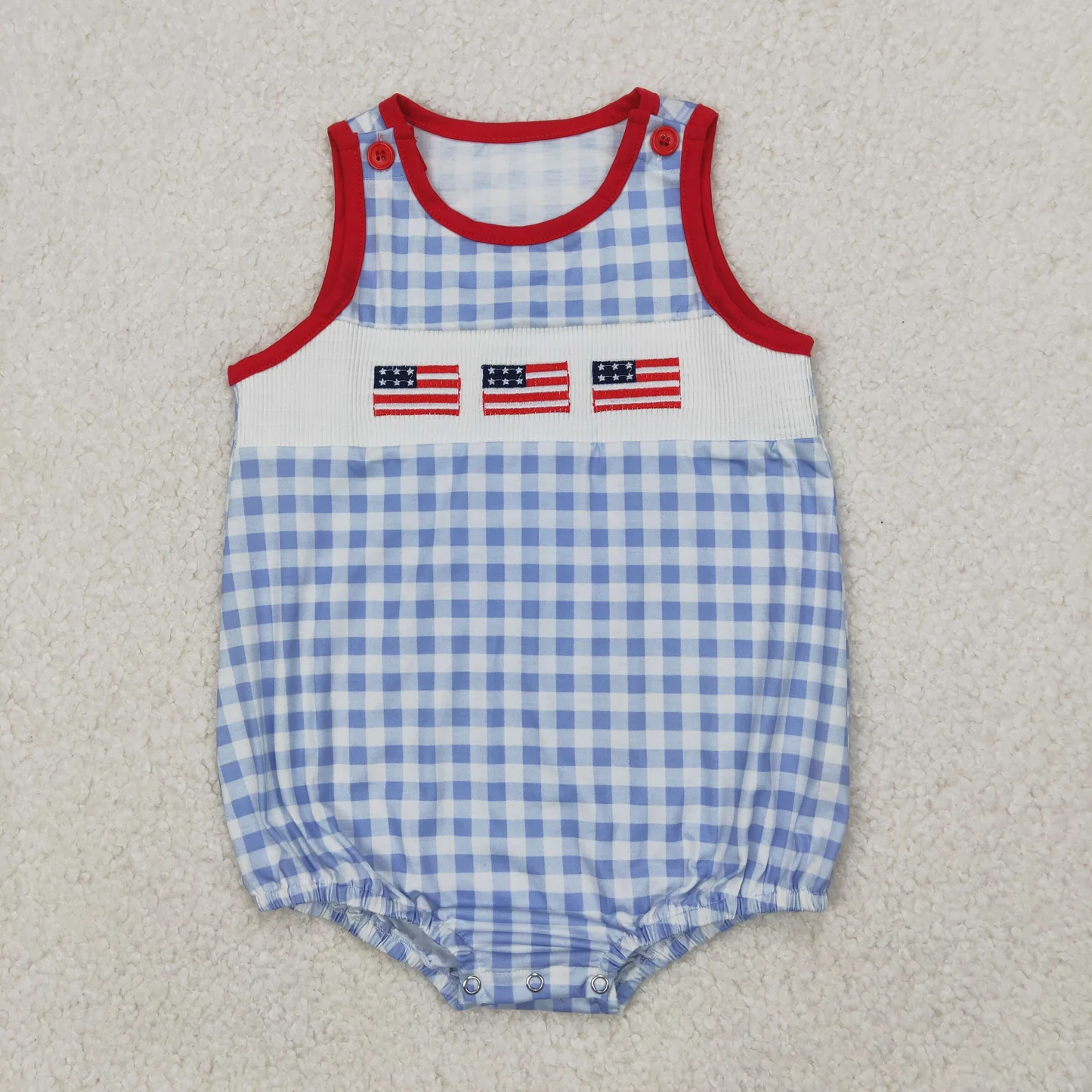 Flag Embroidery Blue Plaid Sibling 4th of July Smocked Matching Clothes