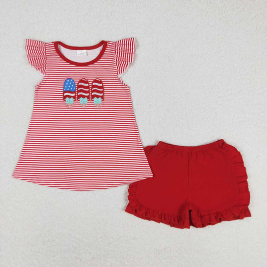 4th of july /patriotic red stripes popsicle embroidery girls shorts set
