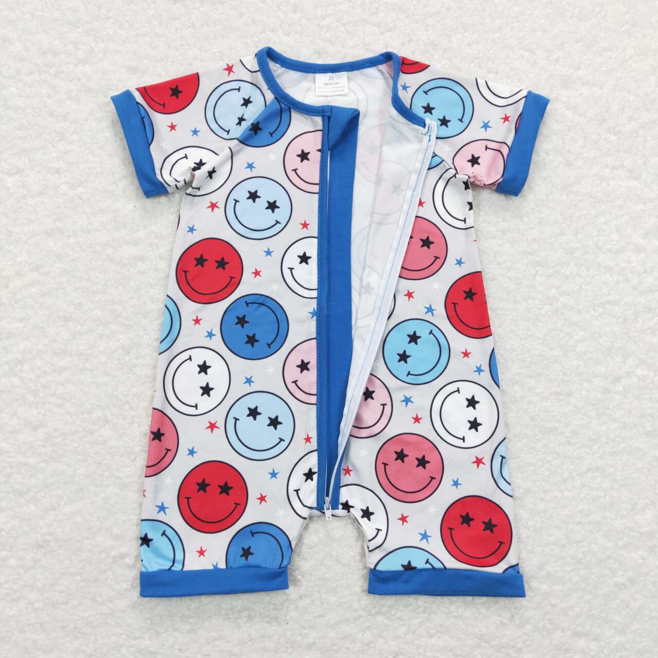 4th of july short sleeve smile face zip romper