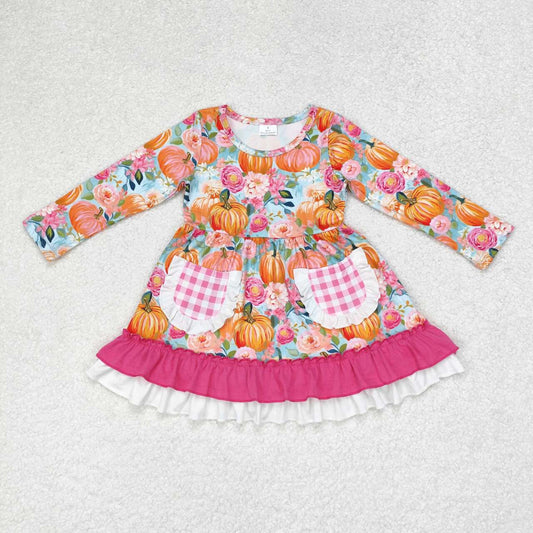 girls long sleeve floral pumpkin ruffle dress with pocket