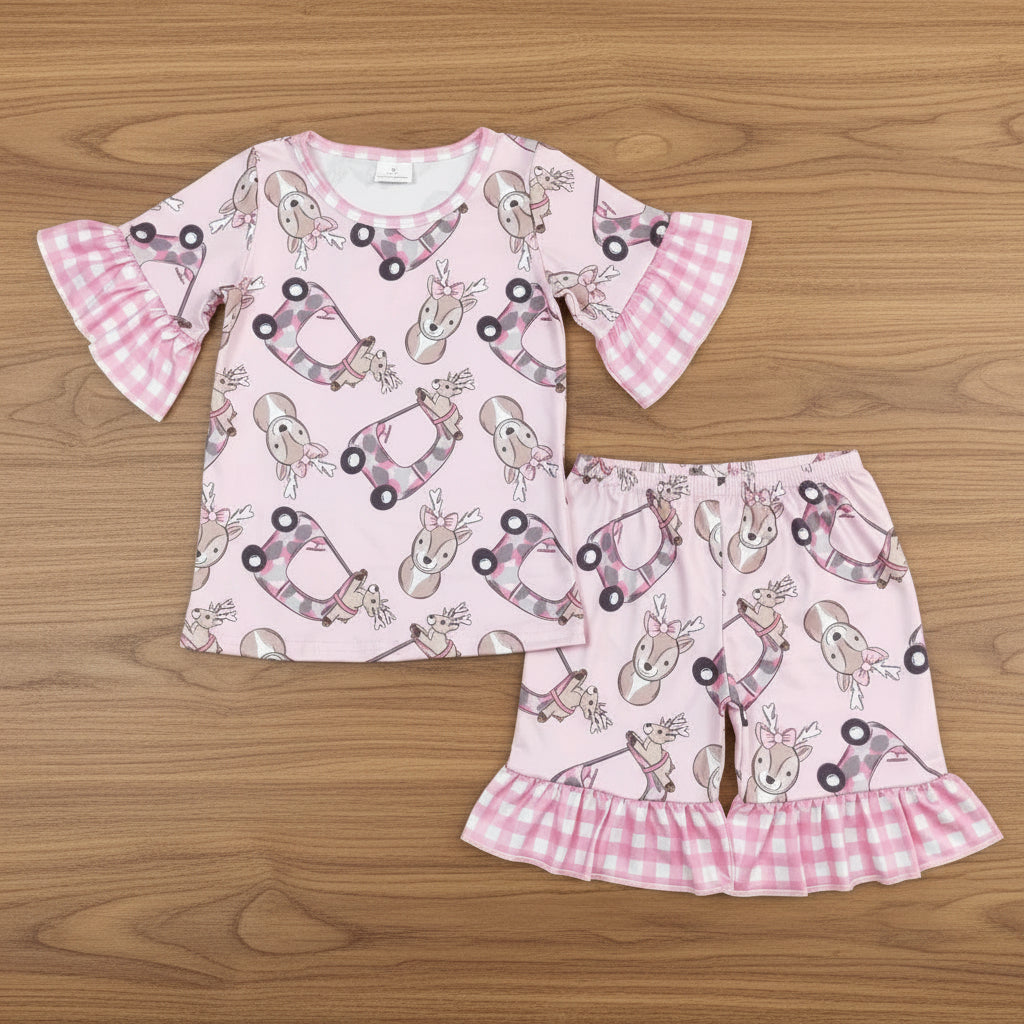 baby girl clothes deer print ruffle shorts pajama set pink