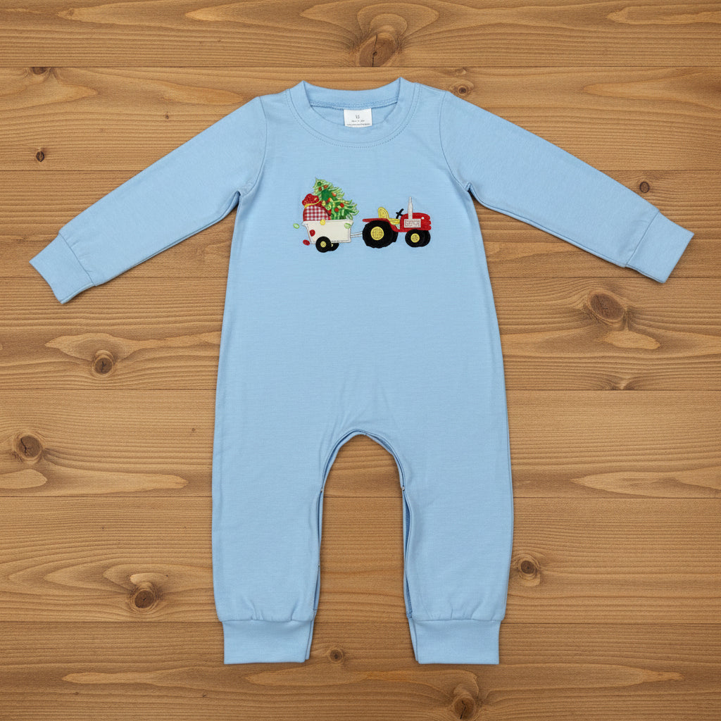 Christmas tree truck embroiderd romper blue