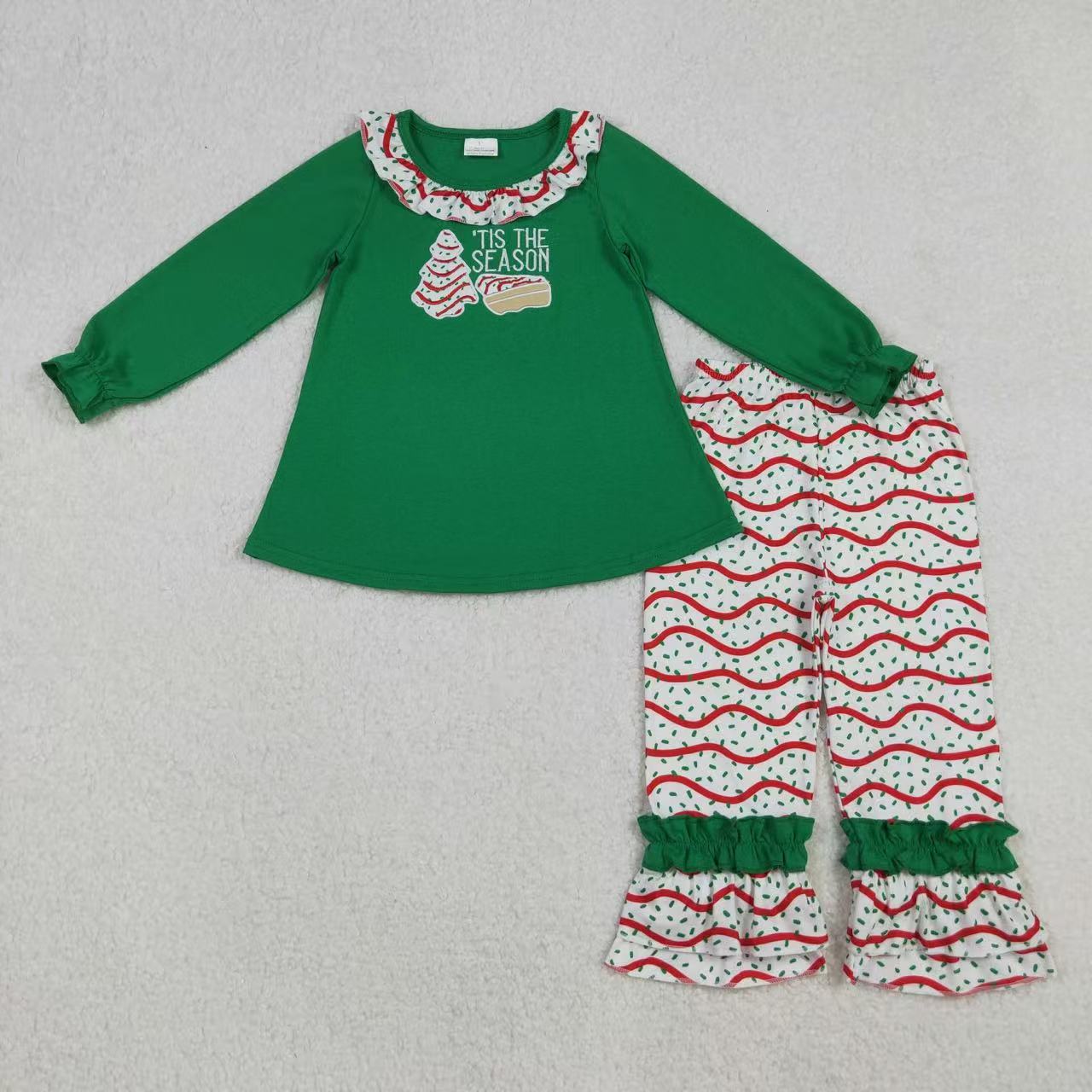 'tis the season Christmas tree cake embroidery girl pants set outfit