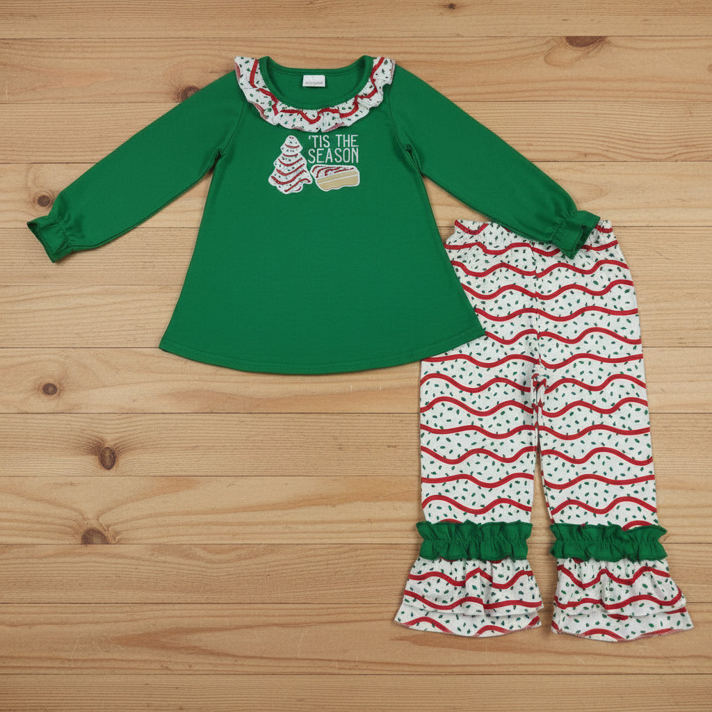 'tis the season Christmas tree cake embroidery girl pants set outfit