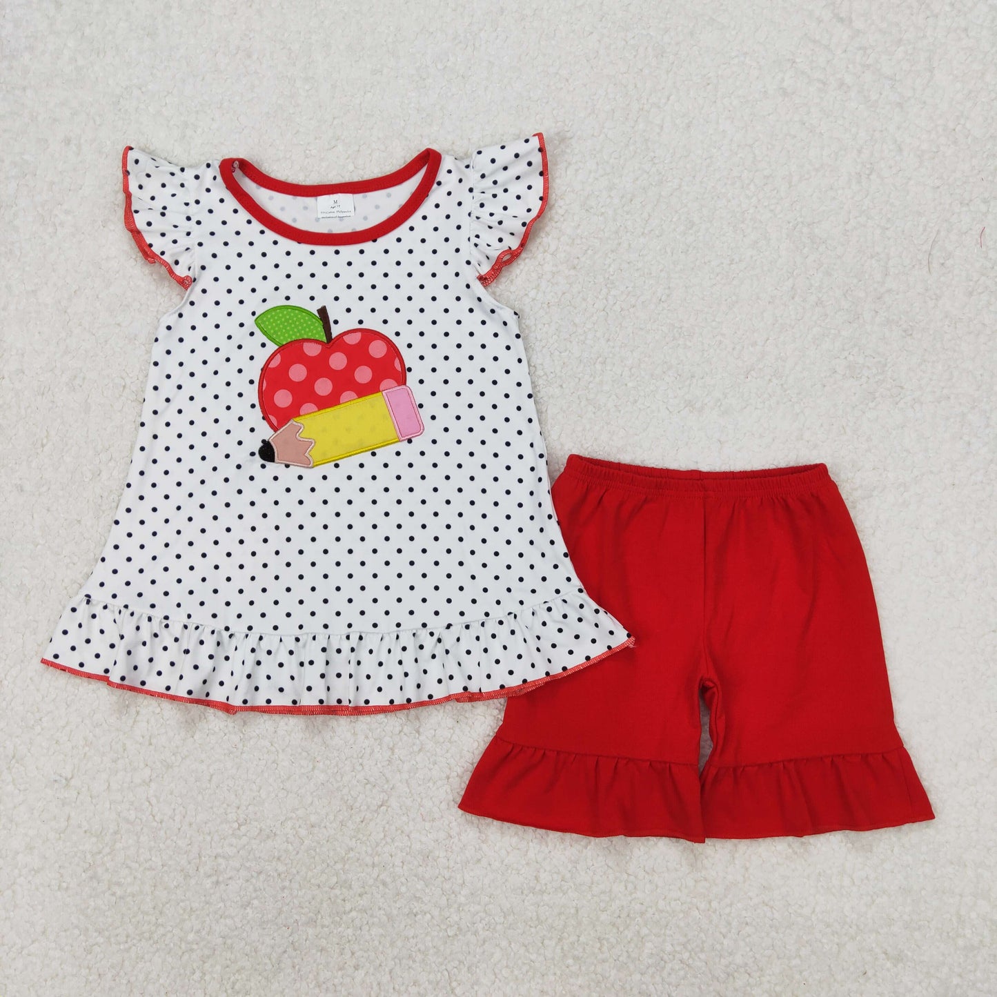 apple pencil embroidery back to school girls shorts set