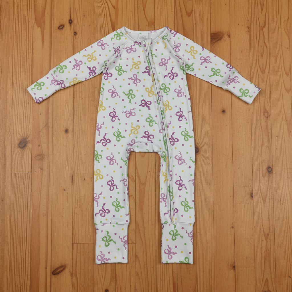 purple green gold coquette mardi gras baby sleeper