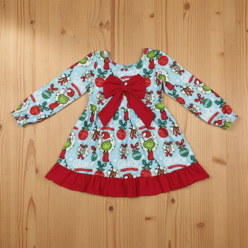 Christmas long sleeve gri*ch cindy bow dress girls dresses