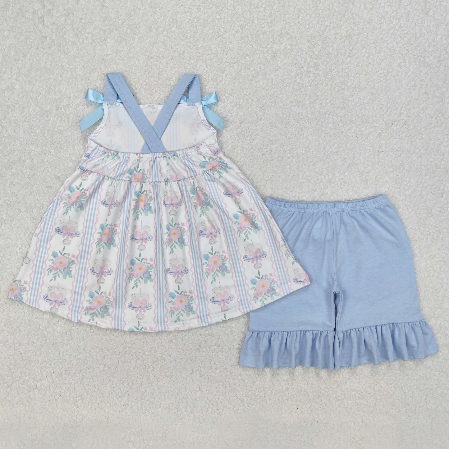 floral cake print strap blue shorts set