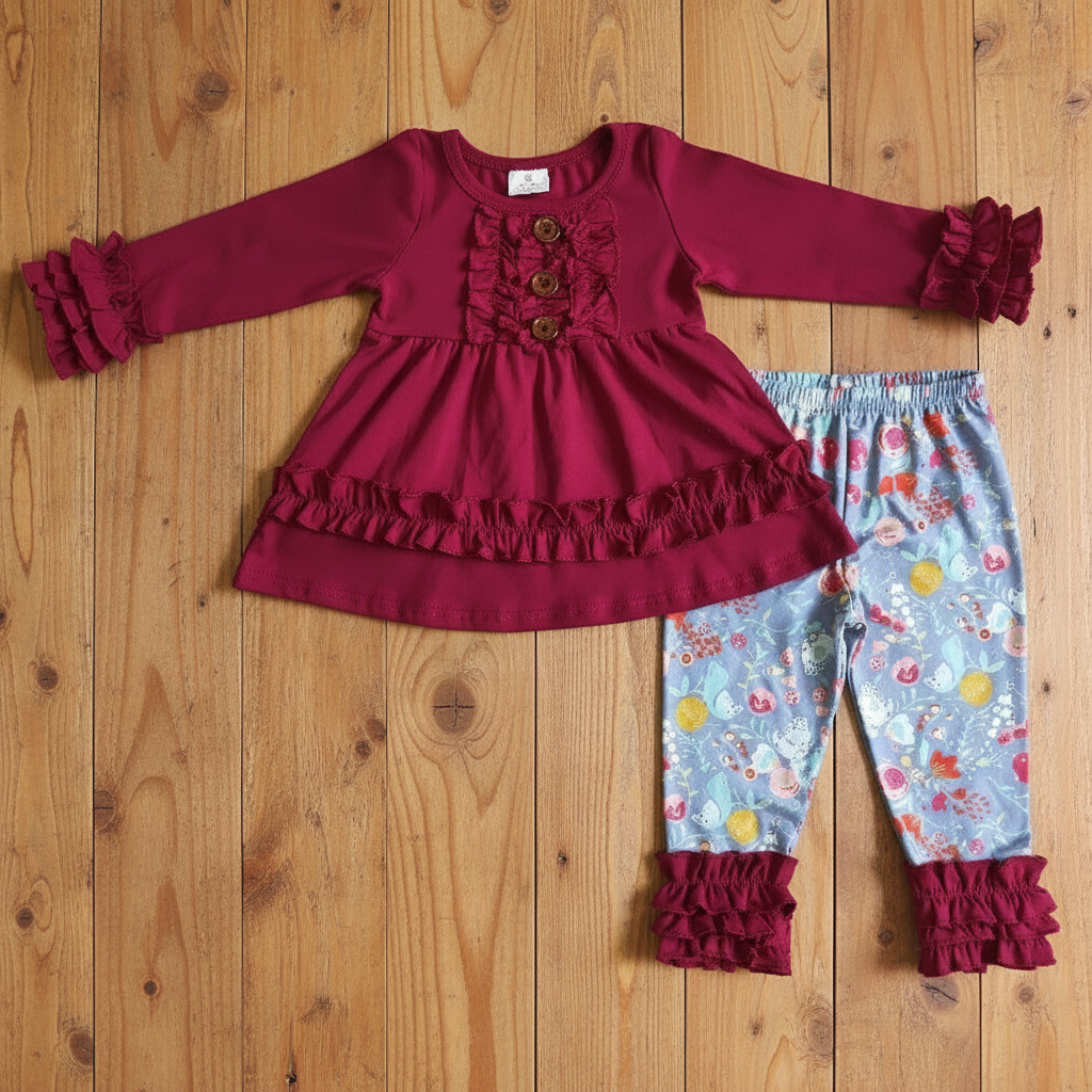 maroon cotton tunic floral icing pants set fall girl outfit 6 A26-16