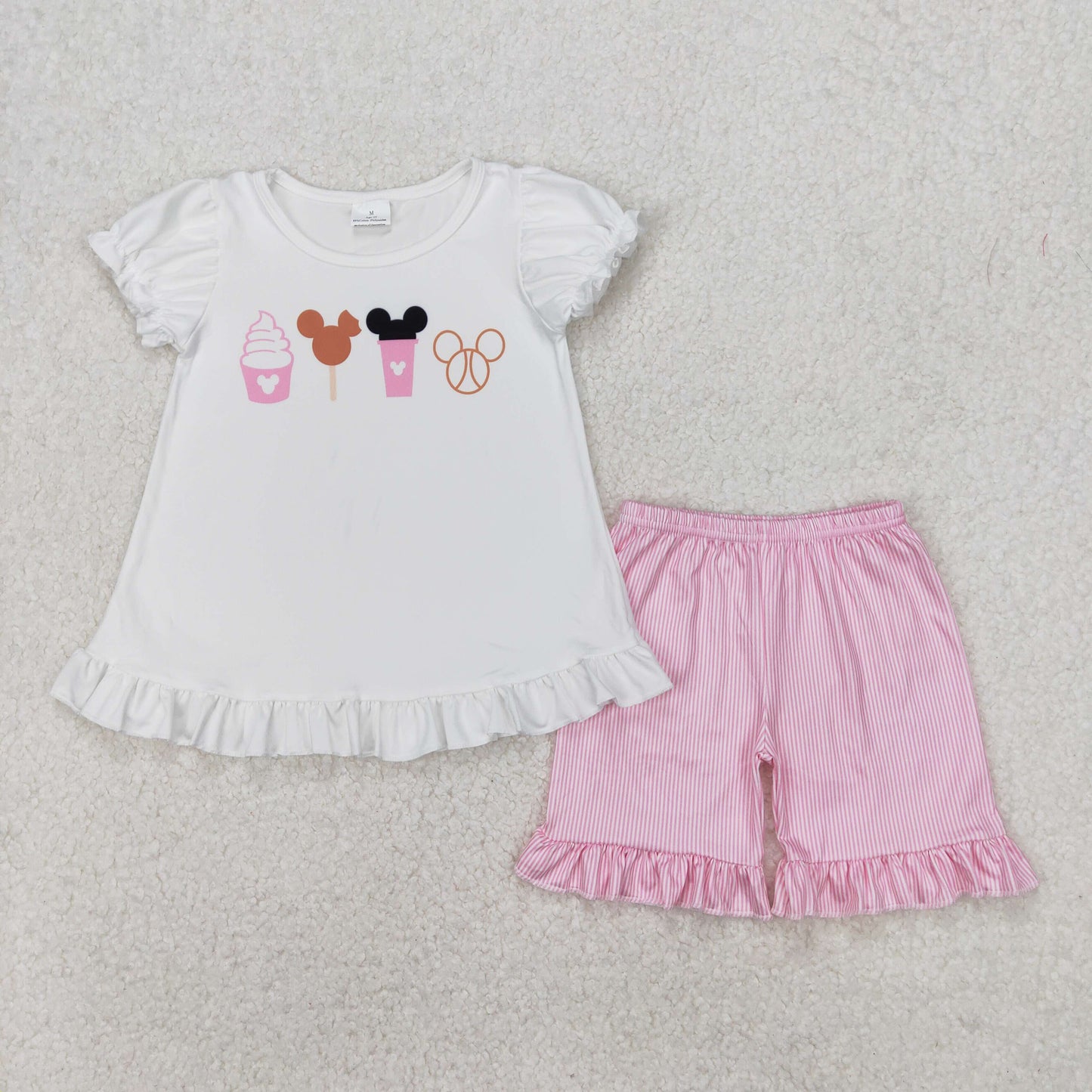 white pink park cartoon snacks girl shorts set