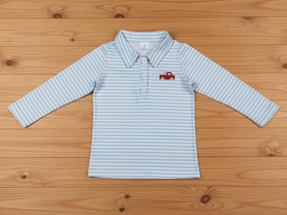 blue stripes heart truck embroidery boy pullover