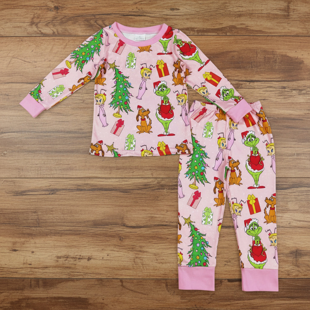 pink Christmas gift trees gri*ch pajama girl lounge set