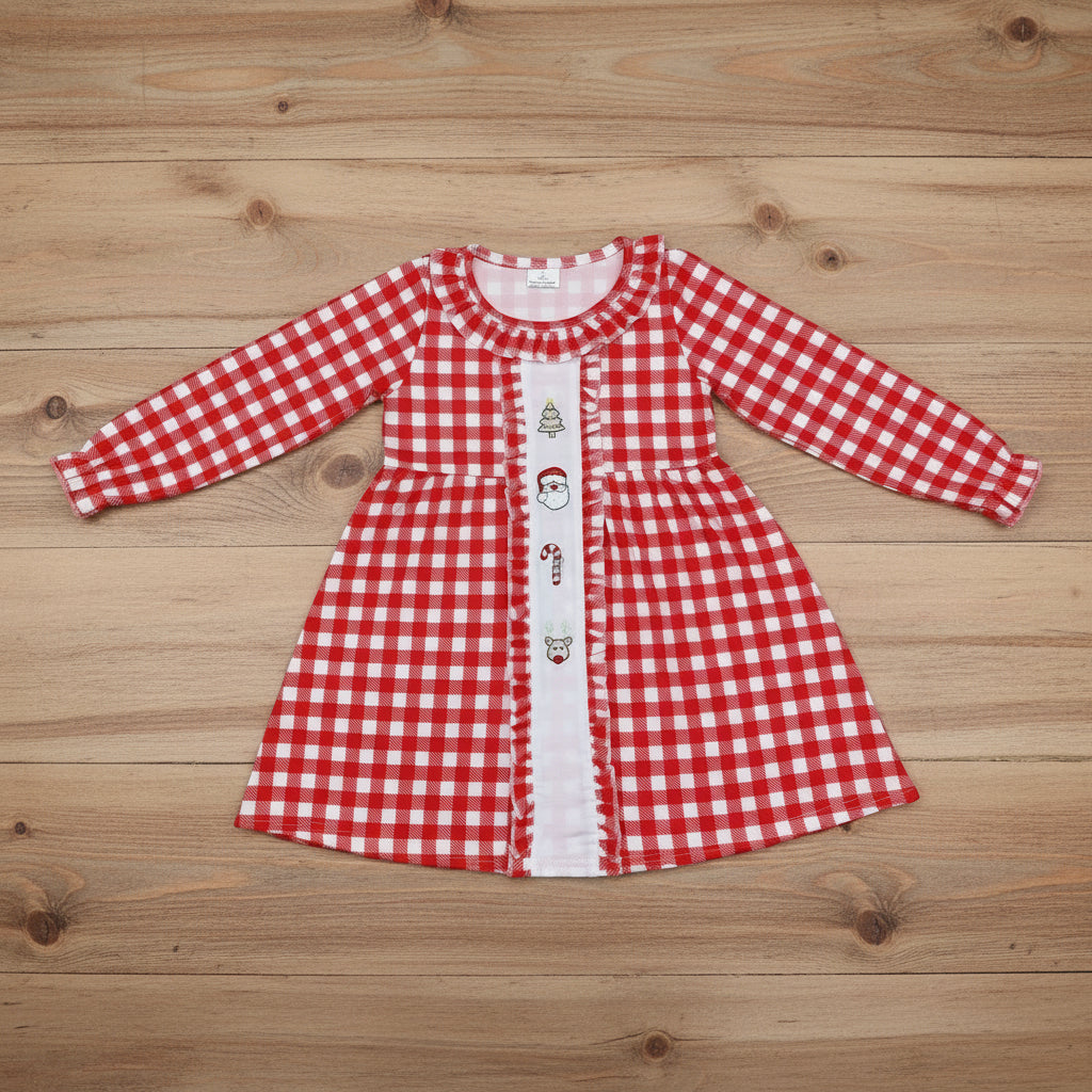 red plaid santa tree deer embroidered dress toddler girl Christmas clothes