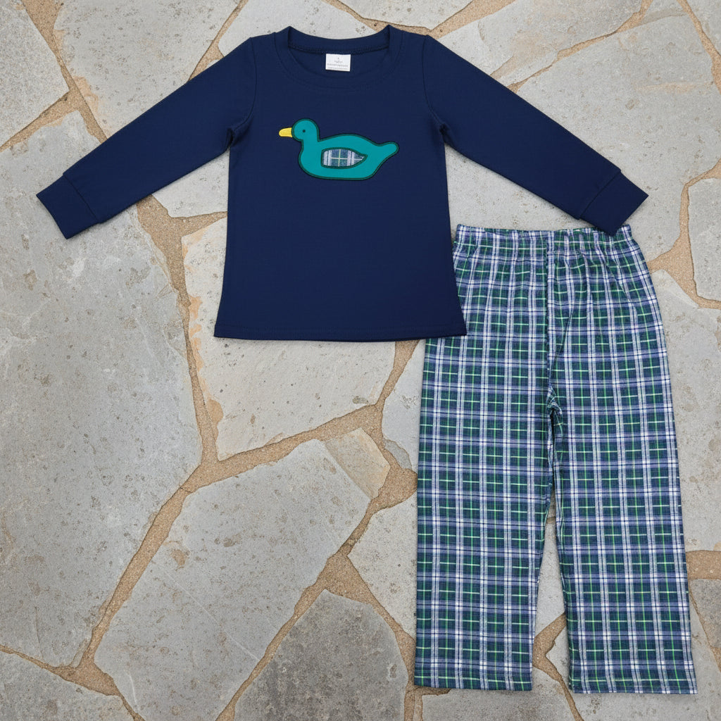 boy long sleeve navy blue duck embroidery pants set