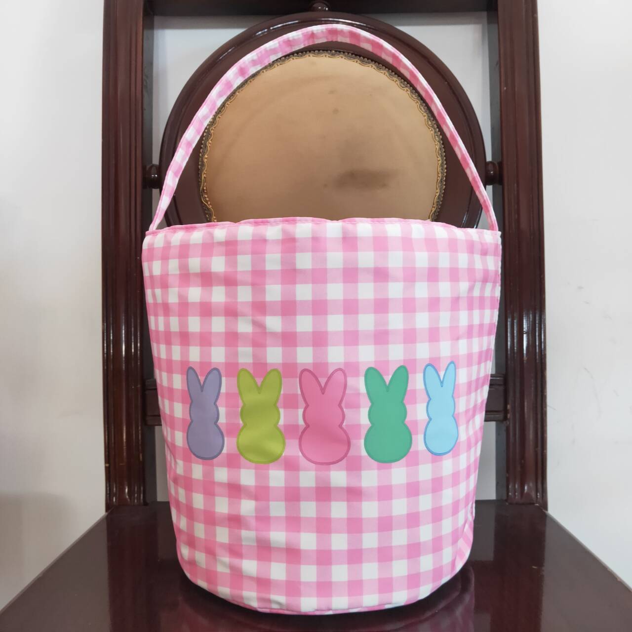 kids girls easter light pink plaid bunny basket