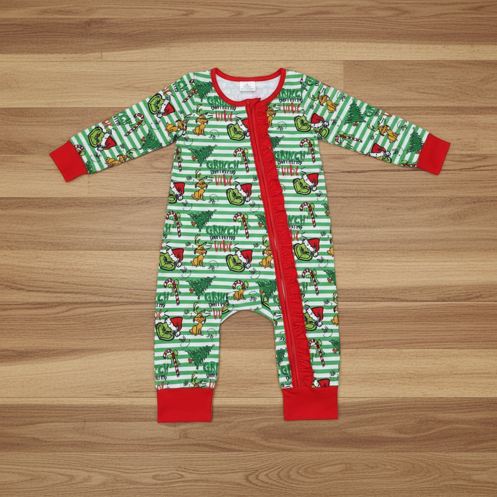 Stripe green face baby girls Christmas zipper romper
