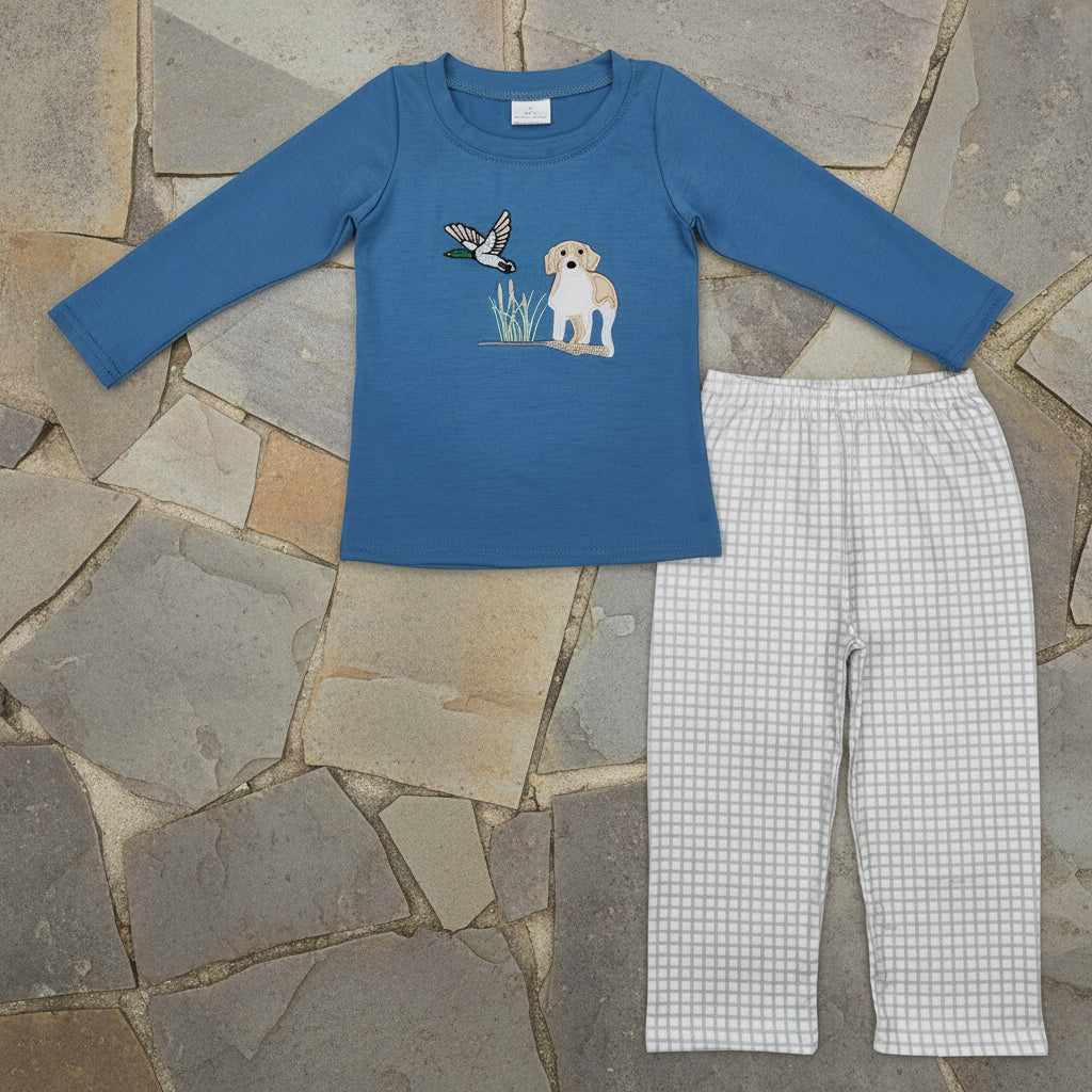 hunting dog embroidered pants set boys outfit