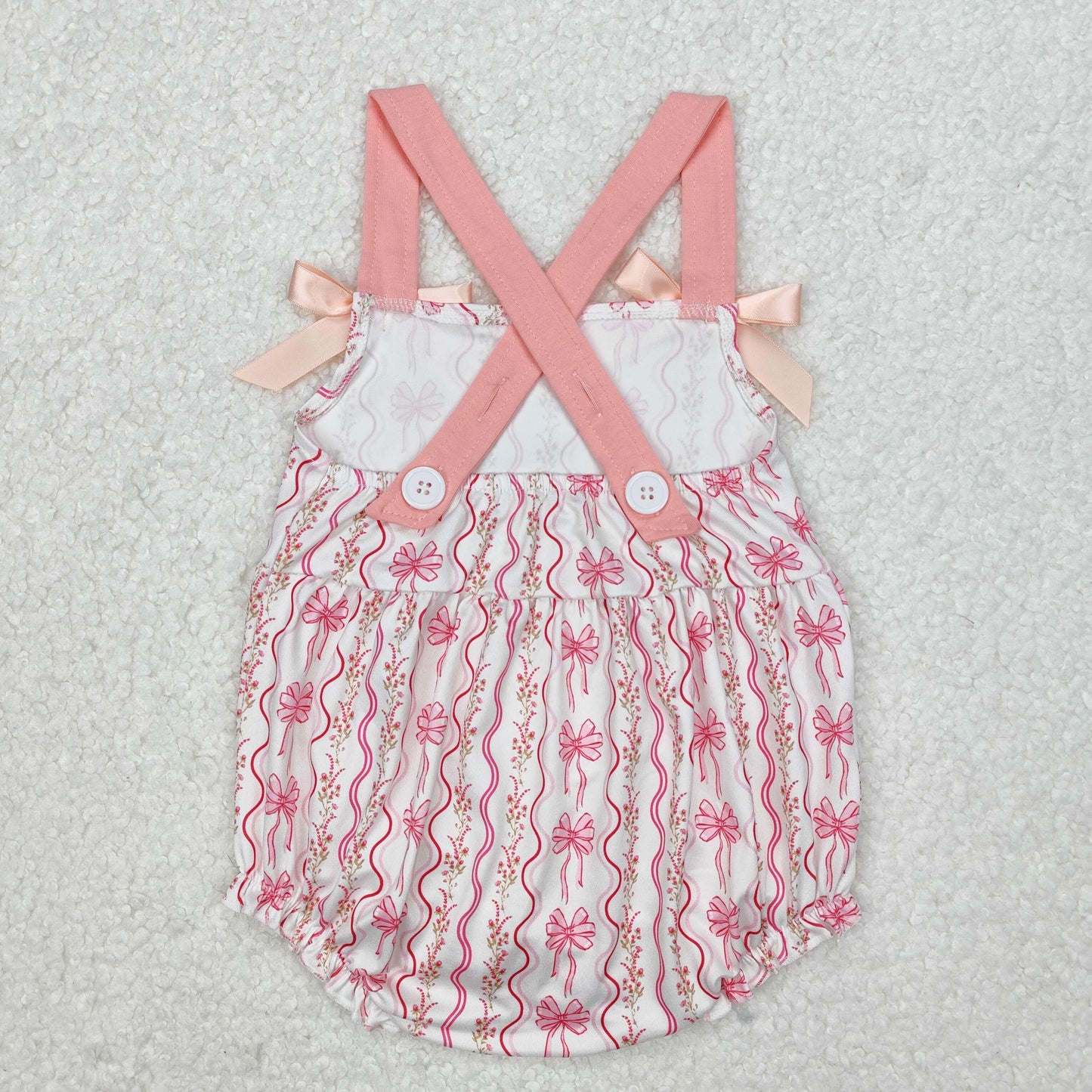 pink floral bow ribbon print cross back strap bubble baby girl clothes