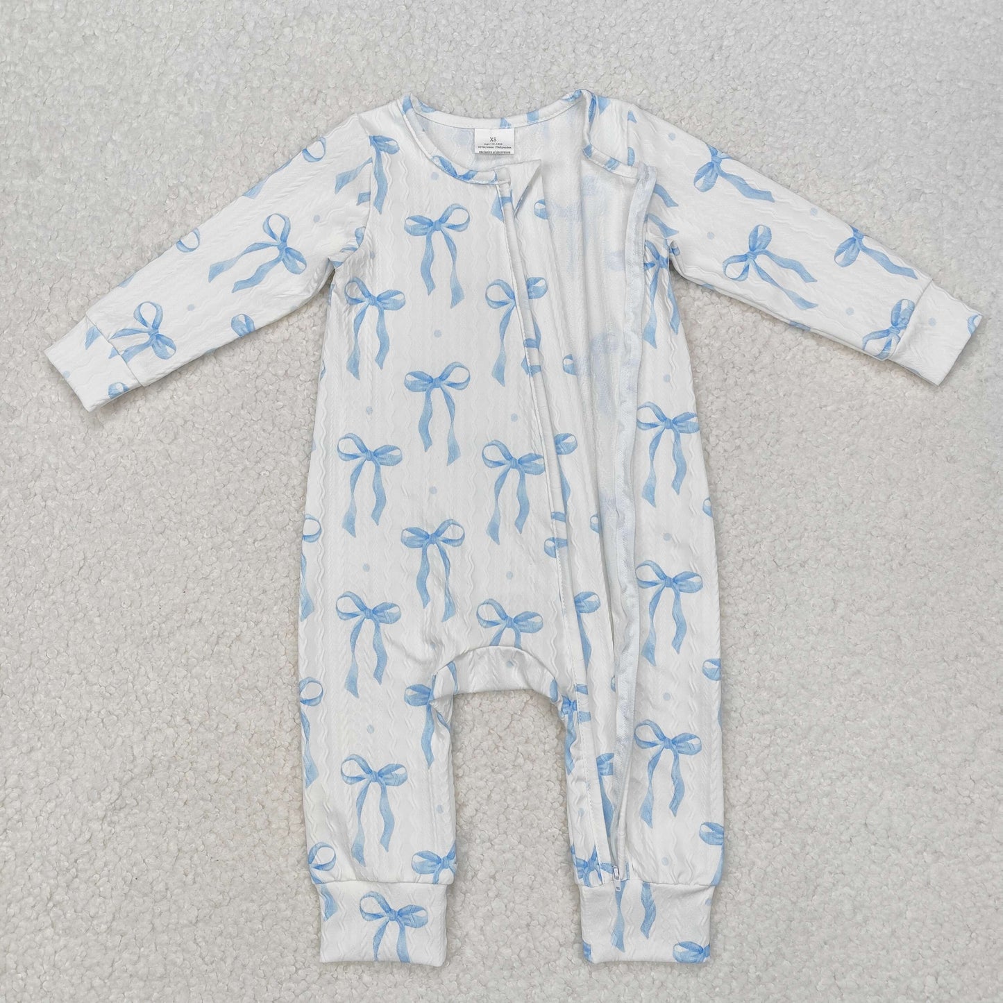 blue bows cable knit zip sleeper